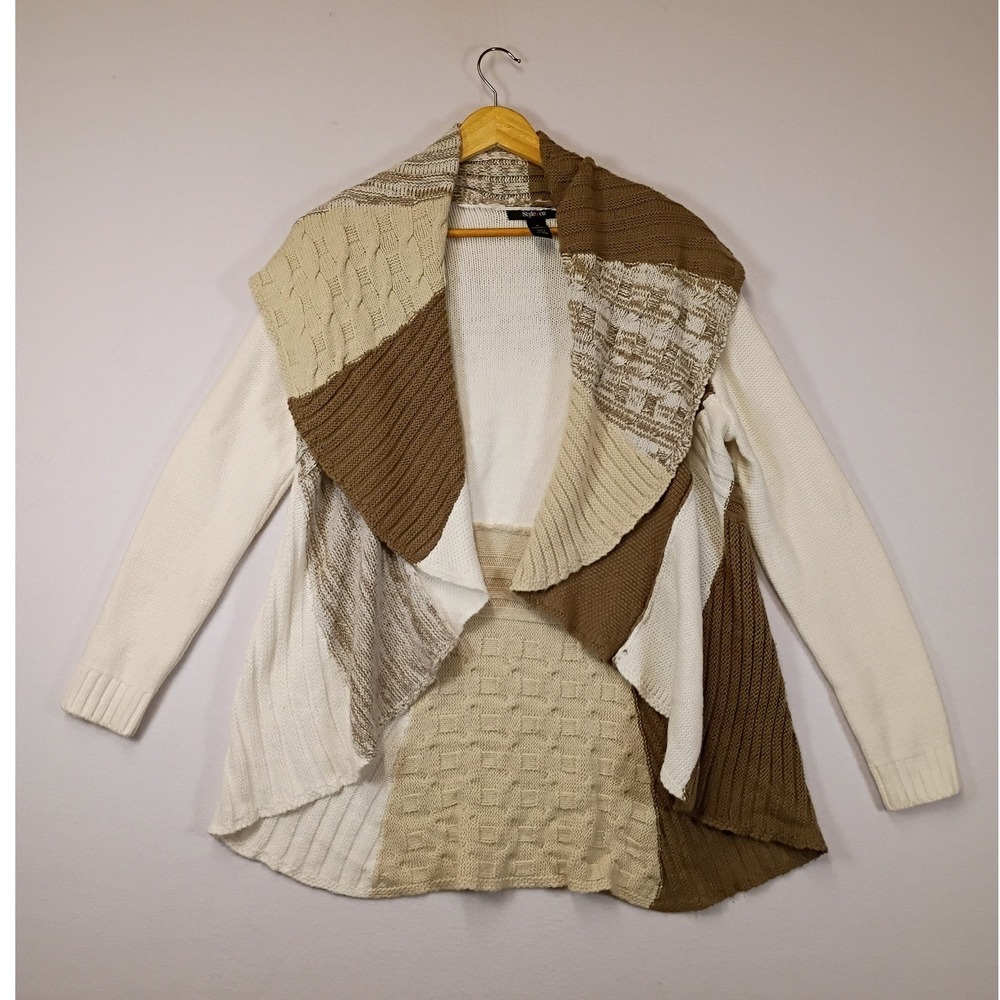 Boho Mixed Knit Style & Co Womens Small Brown Cream Patchwork Open Cardigan
